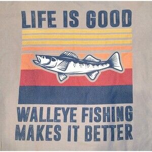 Life is Good "Walleye Fishing Makes It Better" Mens XL Tee Shirt Graphic Khaki